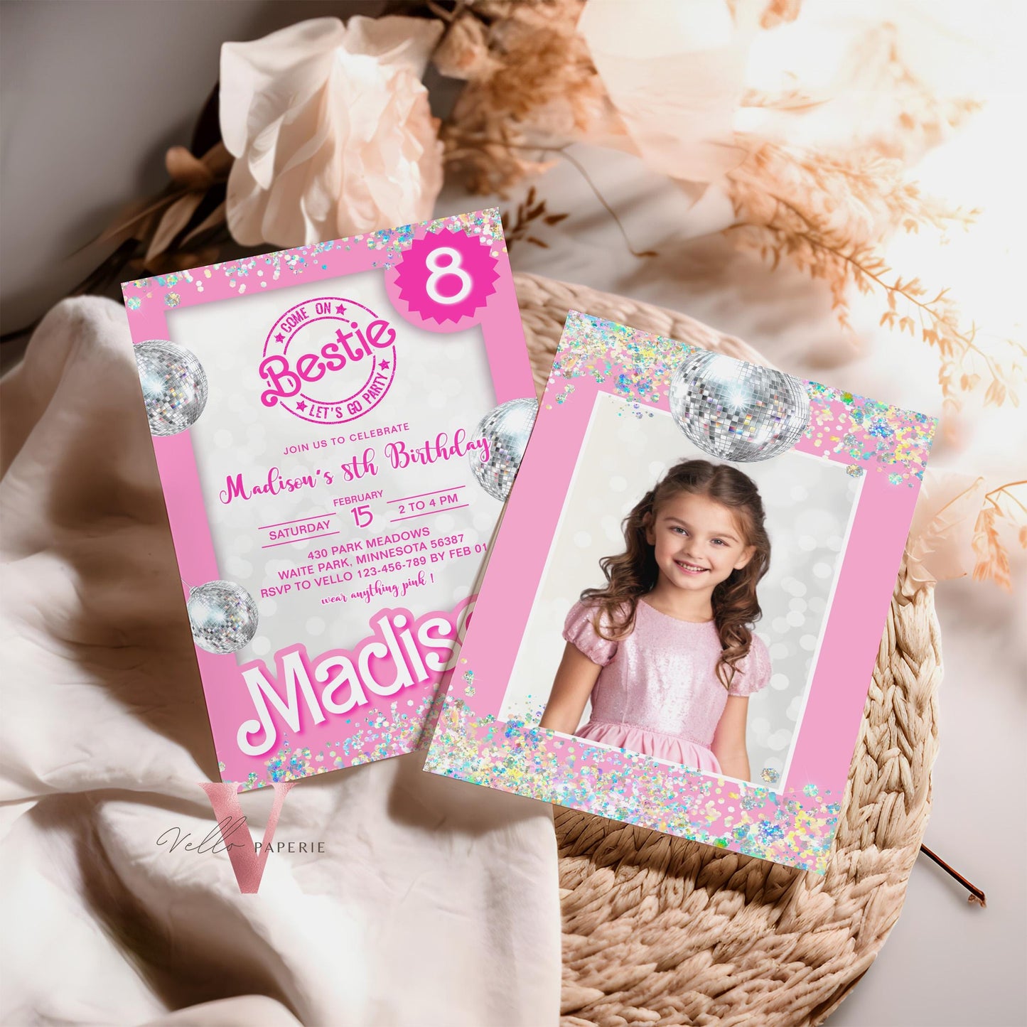Editable "Bestie" Disco Pink Sparkle Fashion Doll Box Birthday Invitation | Pink Fashion Doll Come On Lets Go Party Invite Instant PD30