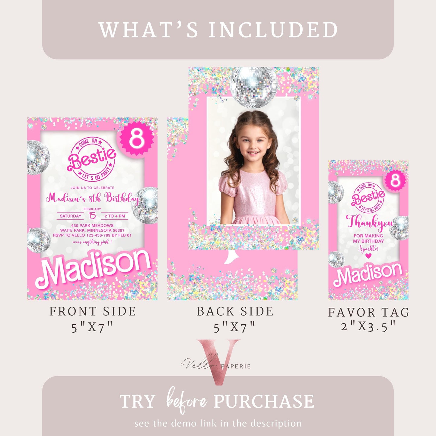 Editable "Bestie" Disco Pink Sparkle Fashion Doll Box Birthday Invitation | Pink Fashion Doll Come On Lets Go Party Invite Instant PD30