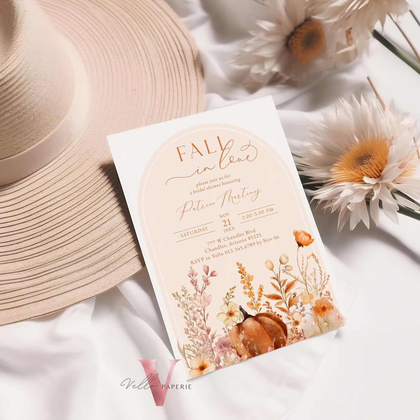 Pumpkin Fall In Love Bridal Shower Invitation | Editable Autumn Flower Bride Shower Invite | Modern Terracota Rustic Flower Wedding Shower