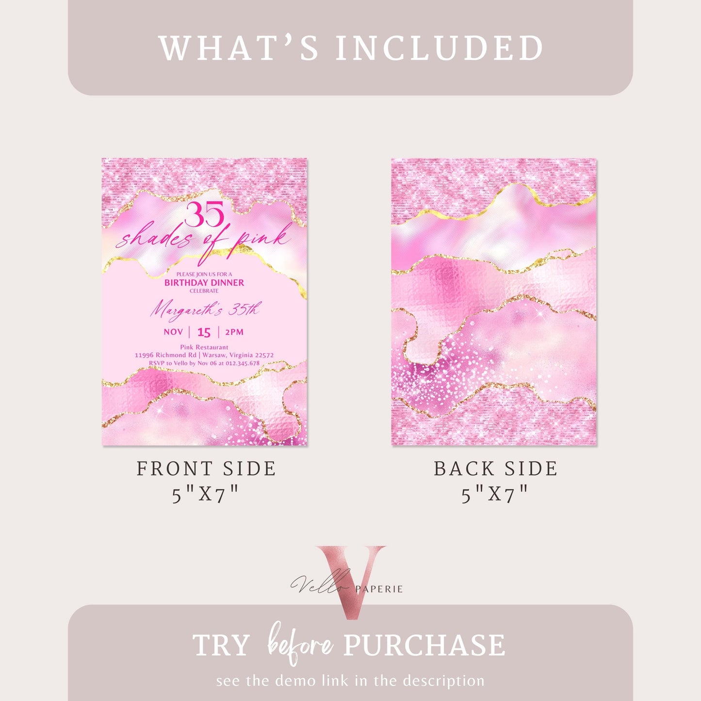 Any Age Shades of Pink Invitation | Editable Printable Pink with Gold Birthday Party Invitation | Agate Birthday Dinner Invite Pink Abstract