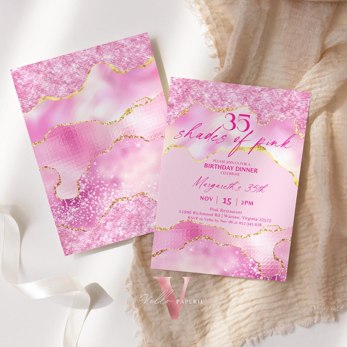 Any Age Shades of Pink Invitation | Editable Printable Pink with Gold Birthday Party Invitation | Agate Birthday Dinner Invite Pink Abstract