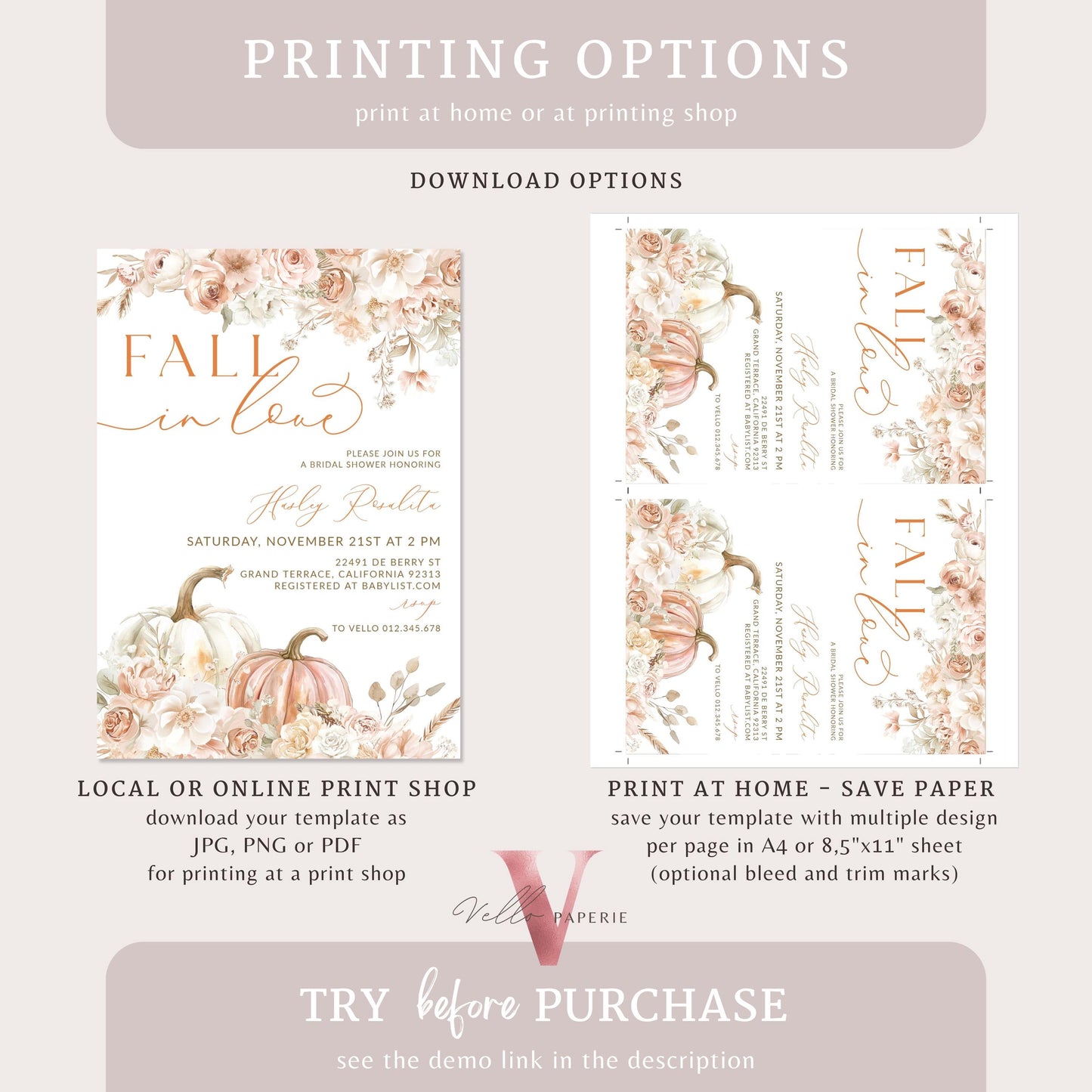 Pumpkin Fall In Love Bridal Shower Invitation | Editable Autumn Flower Bride Shower Invite | Modern Terracota Rustic Flower Wedding Shower