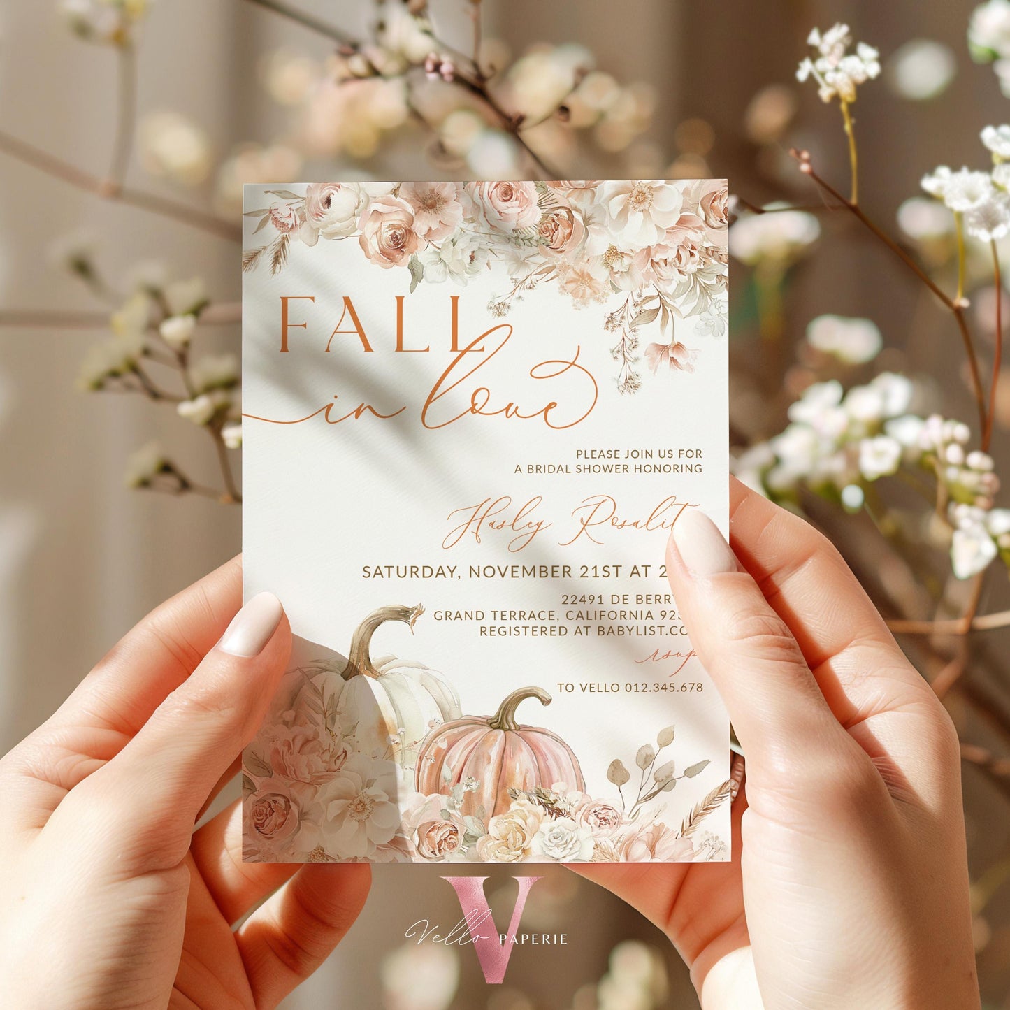 Pumpkin Fall In Love Bridal Shower Invitation | Editable Autumn Flower Bride Shower Invite | Modern Terracota Rustic Flower Wedding Shower