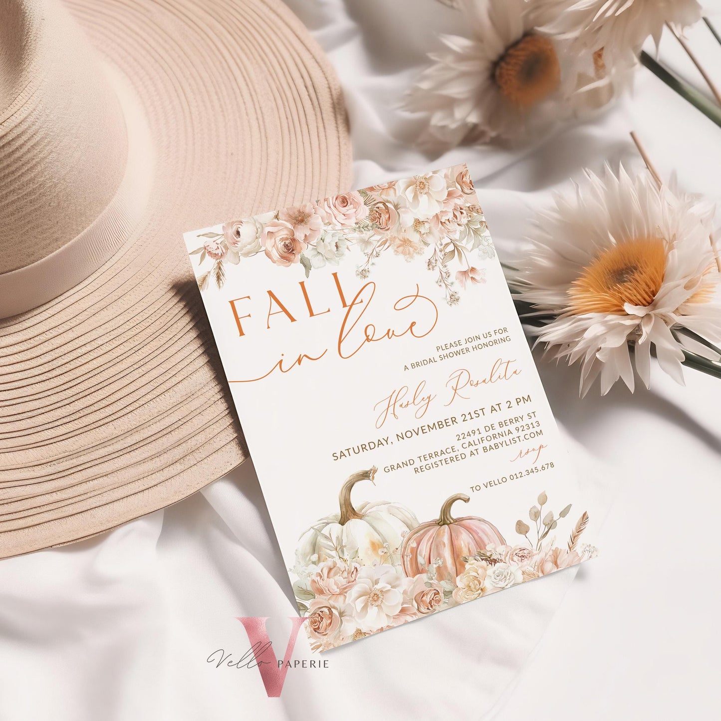 Pumpkin Fall In Love Bridal Shower Invitation | Editable Autumn Flower Bride Shower Invite | Modern Terracota Rustic Flower Wedding Shower