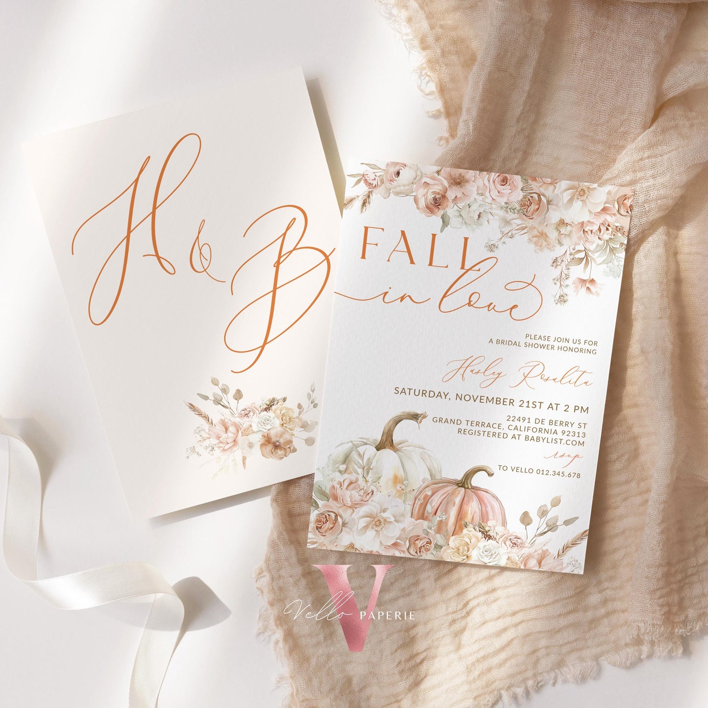 Pumpkin Fall In Love Bridal Shower Invitation | Editable Autumn Flower Bride Shower Invite | Modern Terracota Rustic Flower Wedding Shower