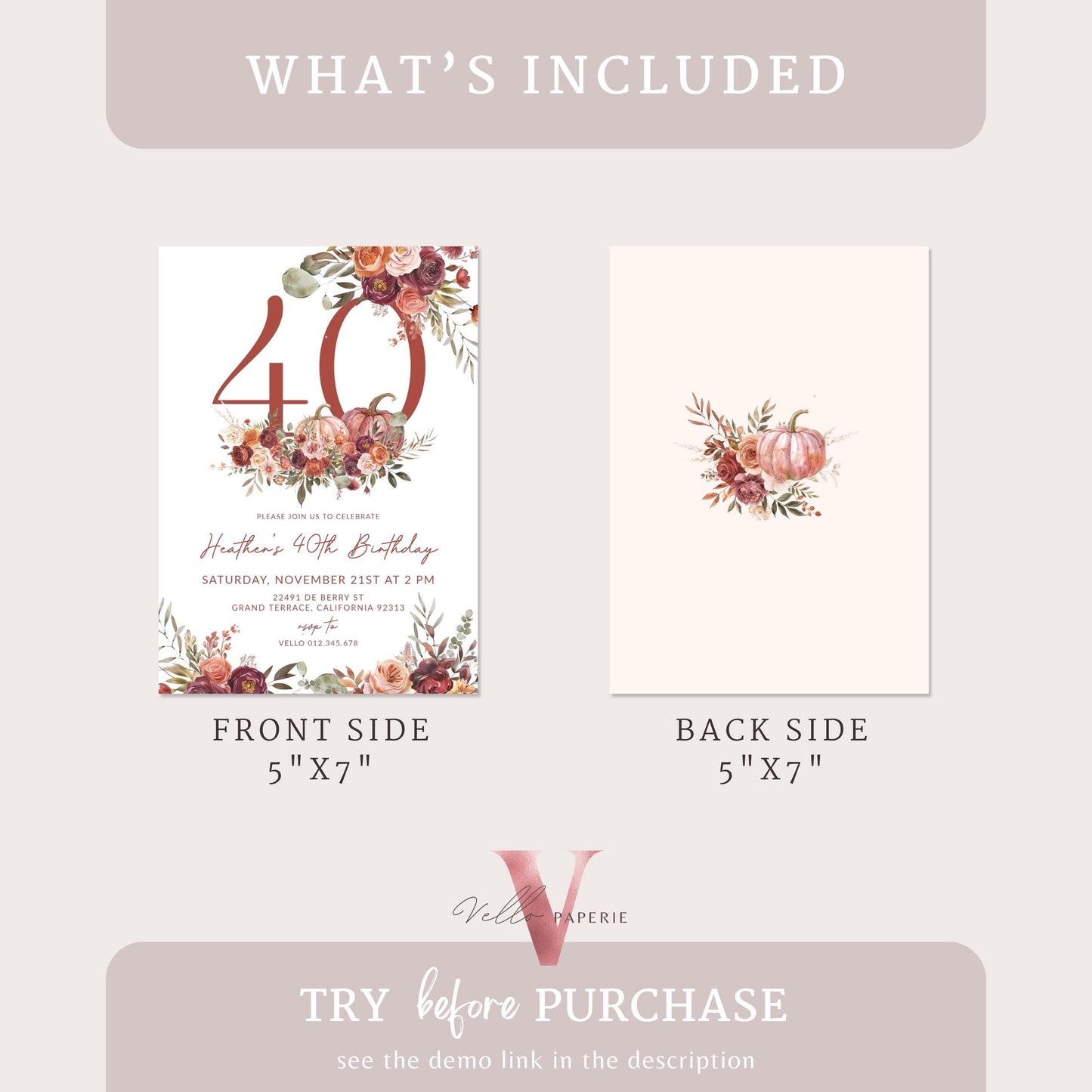 FALL Pumpkin EDITABLE AGE Number Birthday Party Invitation | Autumn Floral Pumpkin Birthday Invite | Modern Burgundy Terracota Floral Autumn