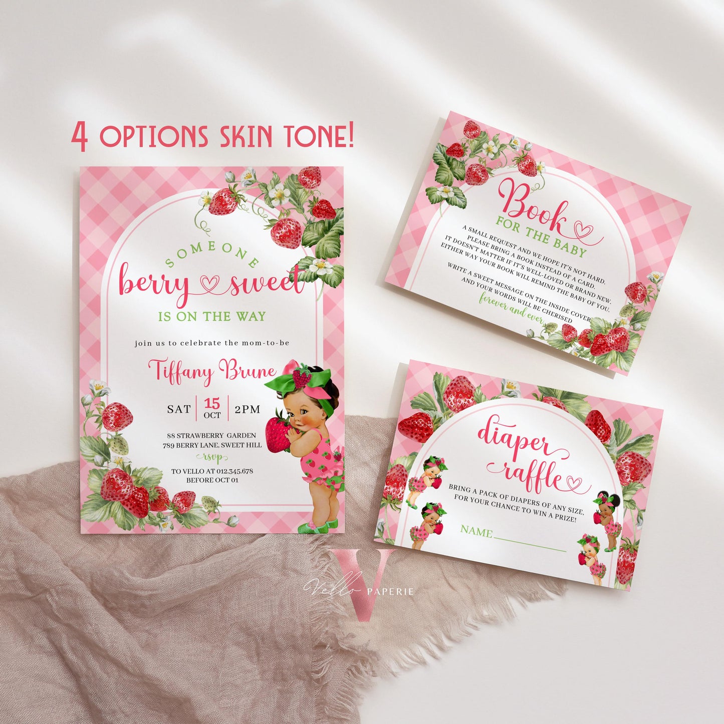 Any Skin Tone Strawberry Baby Shower Invitation | Berry Sweet Baby on the Way Invite | Sweet Berry Baby Shower Invite | Baby Girl Reveal