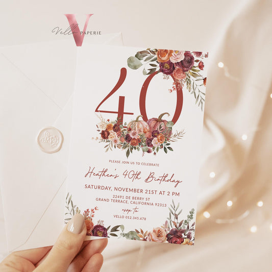 FALL Pumpkin EDITABLE AGE Number Birthday Party Invitation | Autumn Floral Pumpkin Birthday Invite | Modern Burgundy Terracota Floral Autumn