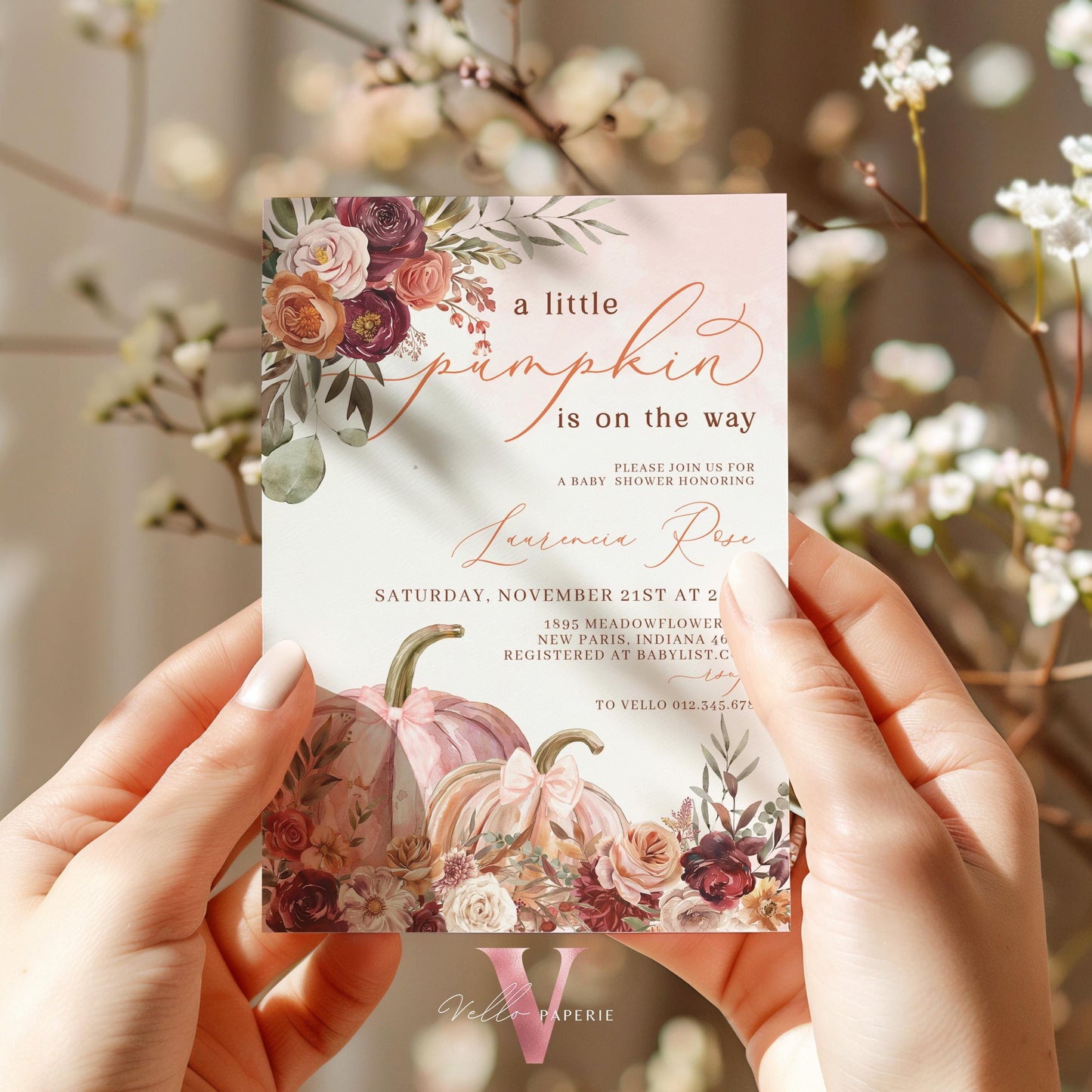 Little Pumpkin FALL Baby Shower Invitation | Autumn Floral Pumpkin Baby Shower Invite | Modern Boho Burgundy Orange Pumpkin Baby Flower