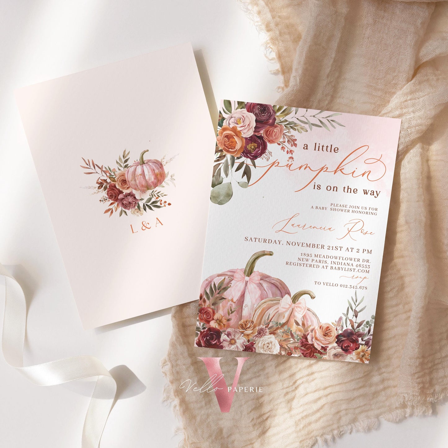 Little Pumpkin FALL Baby Shower Invitation | Autumn Floral Pumpkin Baby Shower Invite | Modern Boho Burgundy Orange Pumpkin Baby Flower