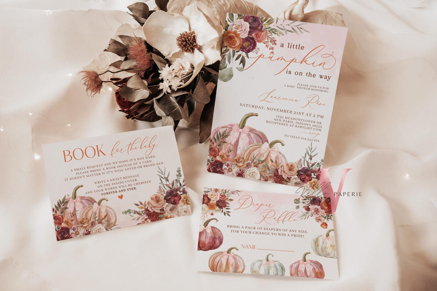 Little Pumpkin FALL Baby Shower Invitation | Autumn Floral Pumpkin Baby Shower Invite | Modern Boho Burgundy Orange Pumpkin Baby Flower