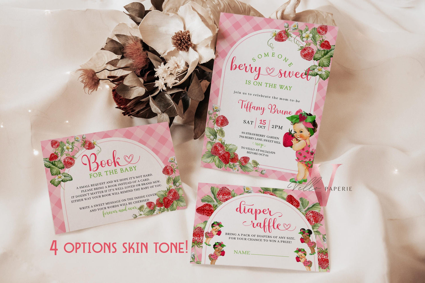 Any Skin Tone Strawberry Baby Shower Invitation | Berry Sweet Baby on the Way Invite | Sweet Berry Baby Shower Invite | Baby Girl Reveal
