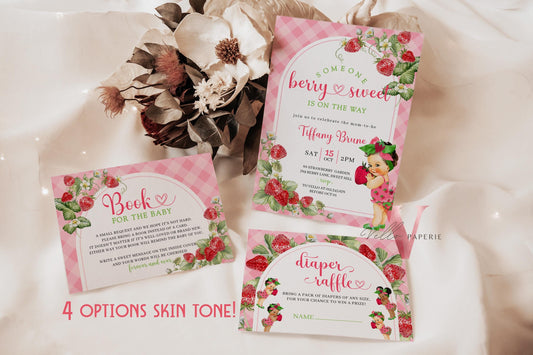 Any Skin Tone Strawberry Baby Shower Invitation | Berry Sweet Baby on the Way Invite | Sweet Berry Baby Shower Invite | Baby Girl Reveal