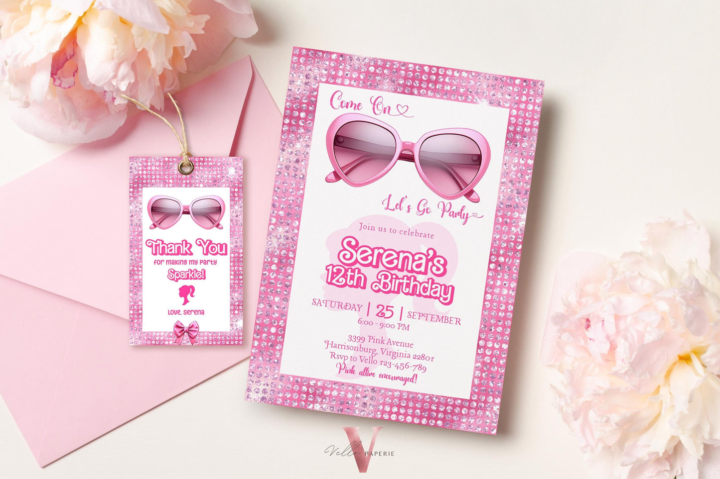 Glam Sunglasses Pink Fashion Doll Birthday Invitation | Barb Princess Pink Doll Glitter Come On Lets Go Pink Party Invite Instant Template