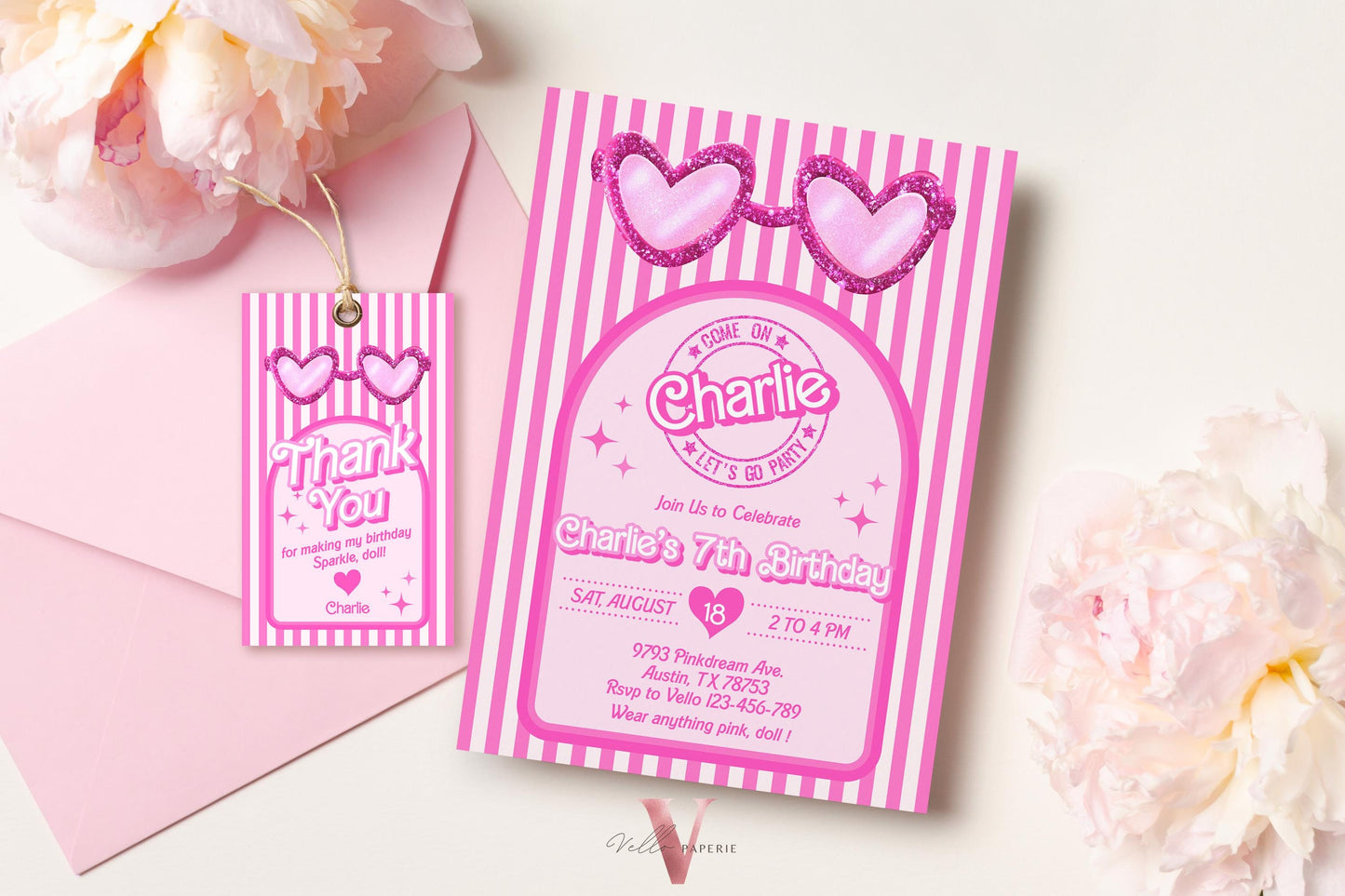 Stripe Sunglass Pink Fashion Doll Birthday Invitation | Modern Pink Doll Glitter Come On Lets Go Pink Party Invite Instant Template