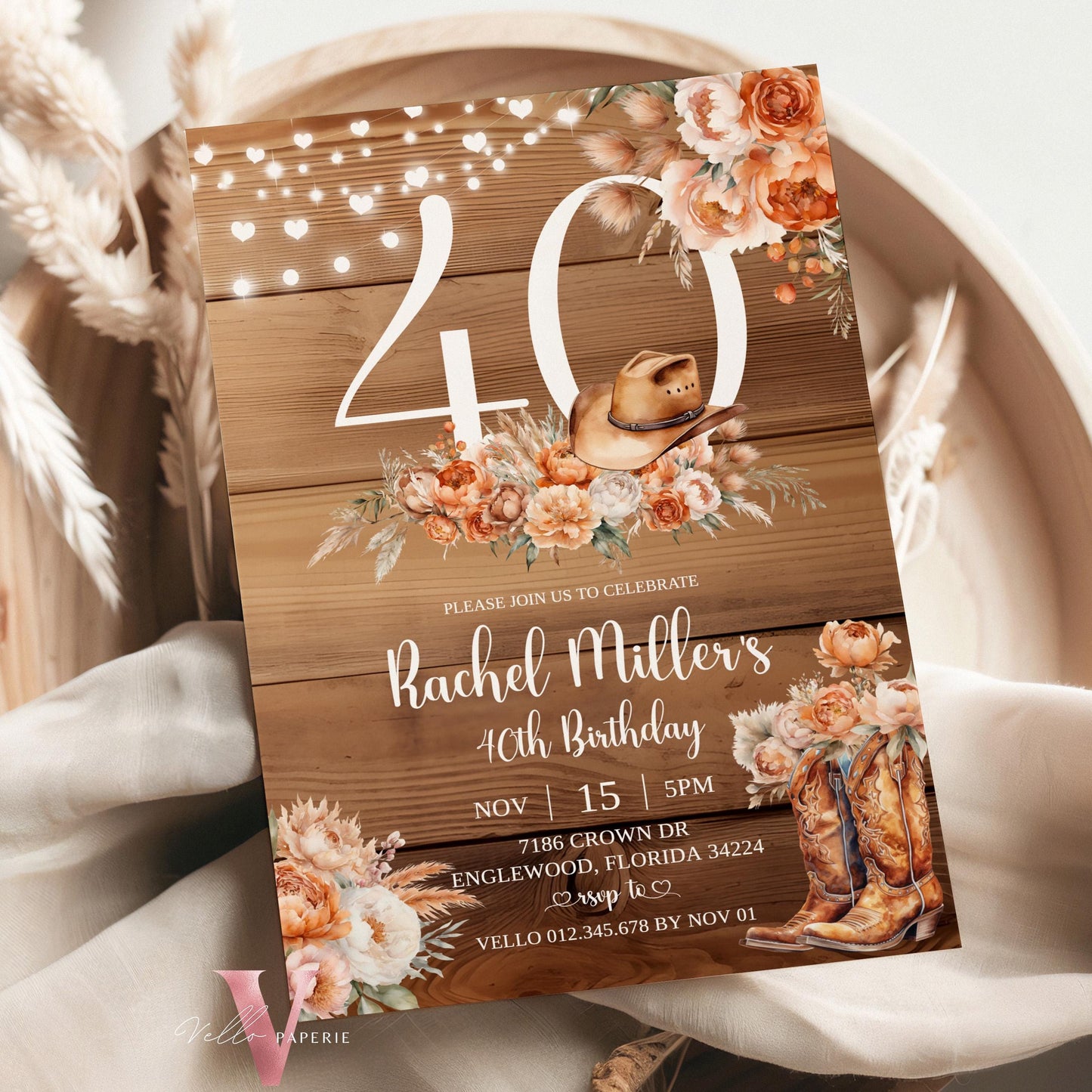 Western Rustic FALL EDITABLE AGE Birthday Party Invitation | Autumn Floral Pumpkin Birthday Invite | Rustic Wooden Terracota Autumn Flower