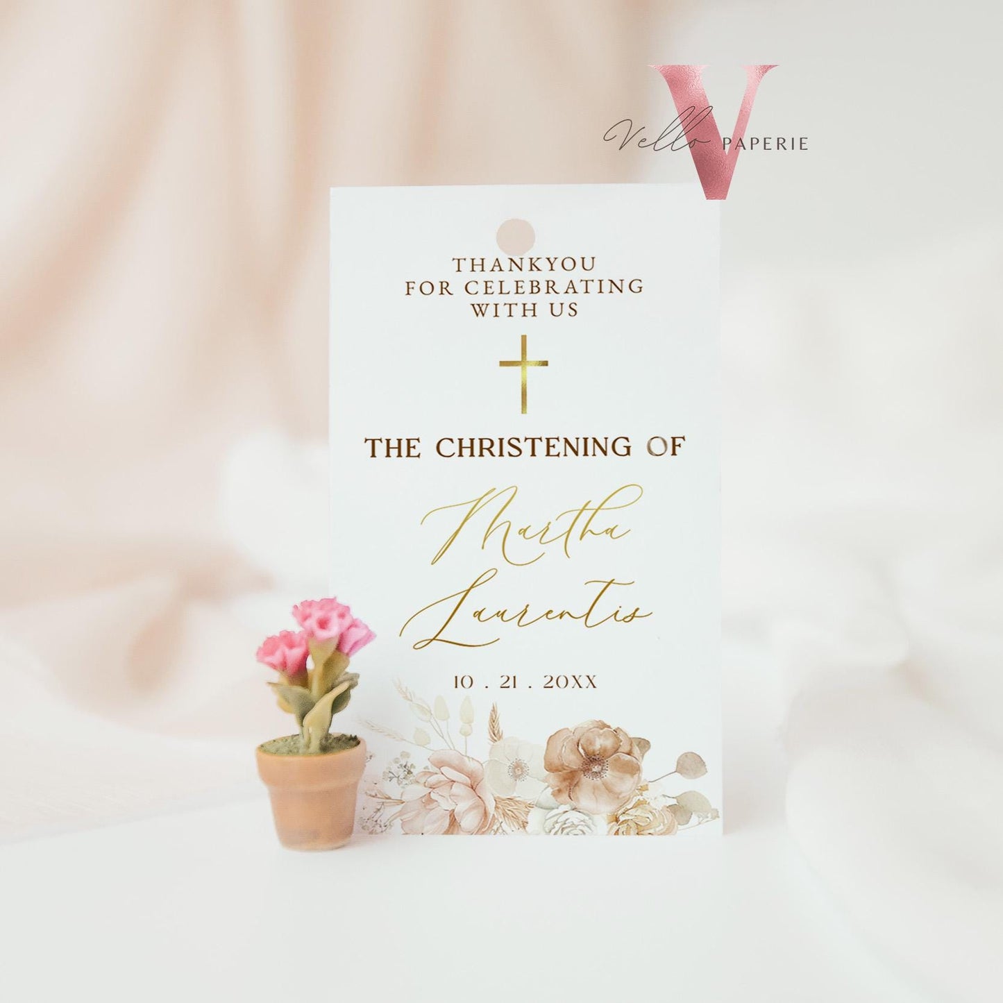 Modern BOHO Cross Christening Invitation | Wildflower Pampas Grass Baptism Invite | Free Digital Invite Include | Optional Photo | Favor Tag