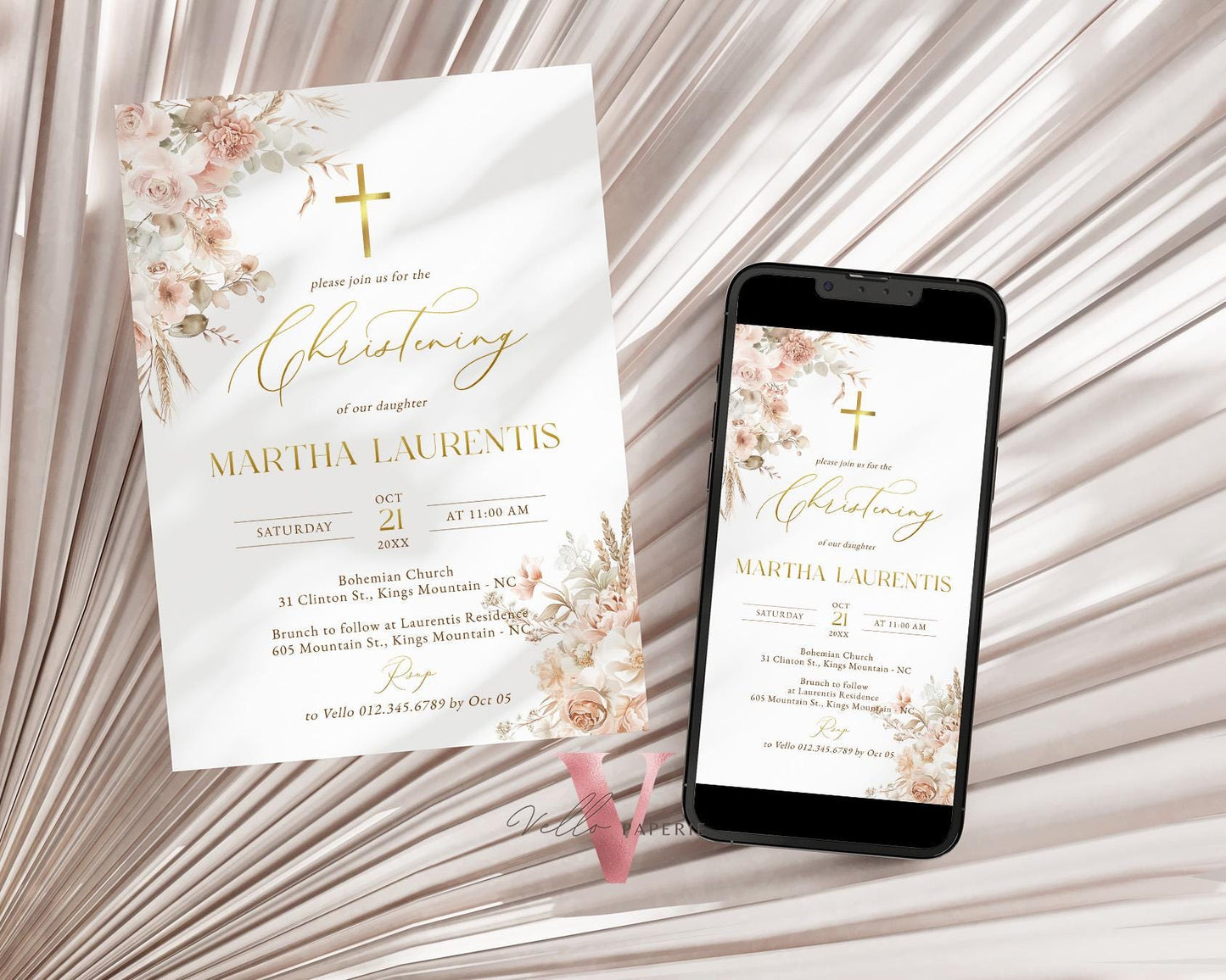 Modern BOHO Cross Christening Invitation | Wildflower Pampas Grass Baptism Invite | Free Digital Invite Include | Optional Photo | Favor Tag