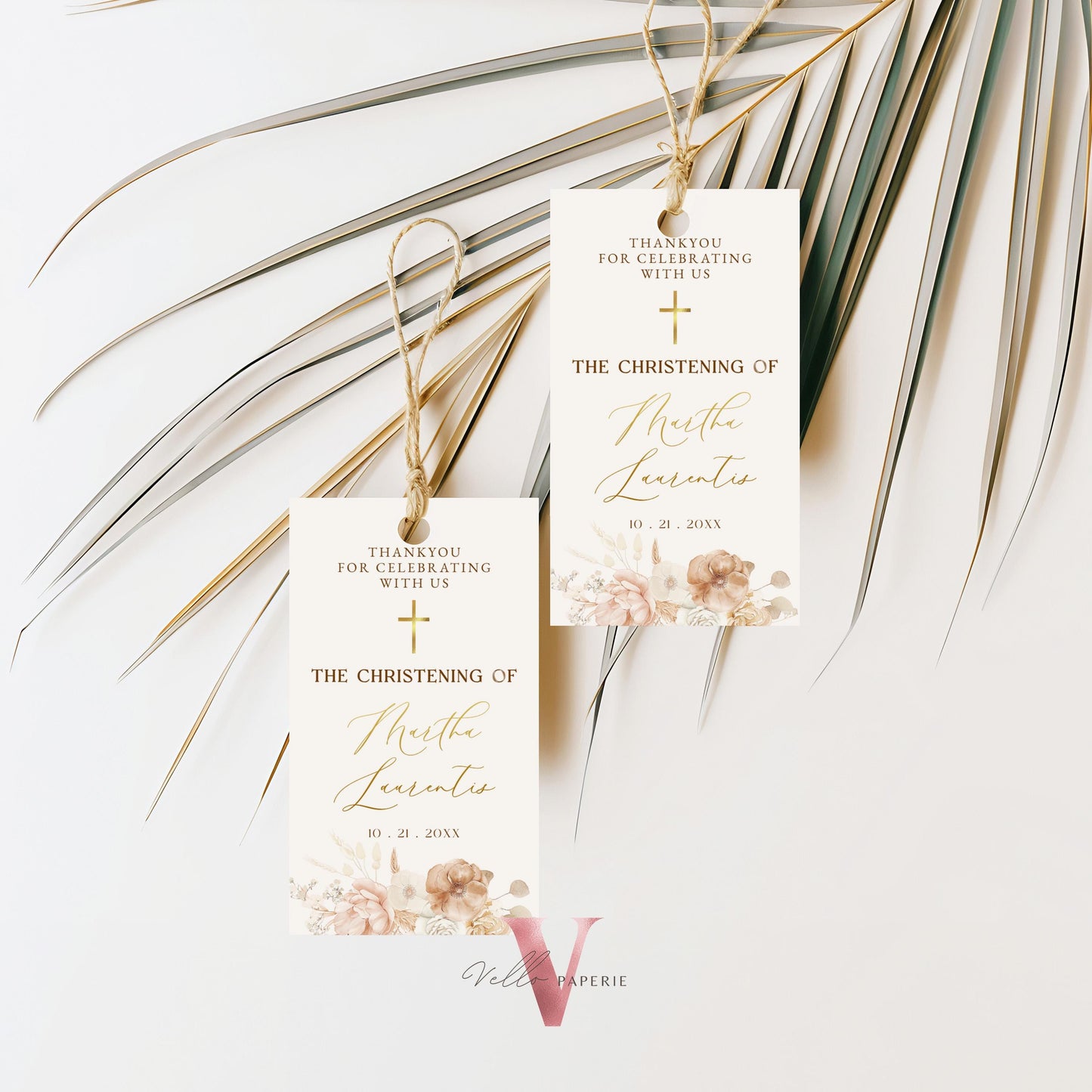 Modern BOHO Cross Christening Invitation | Wildflower Pampas Grass Baptism Invite | Free Digital Invite Include | Optional Photo | Favor Tag