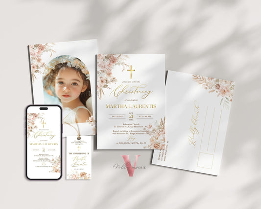 Modern BOHO Cross Christening Invitation | Wildflower Pampas Grass Baptism Invite | Free Digital Invite Include | Optional Photo | Favor Tag
