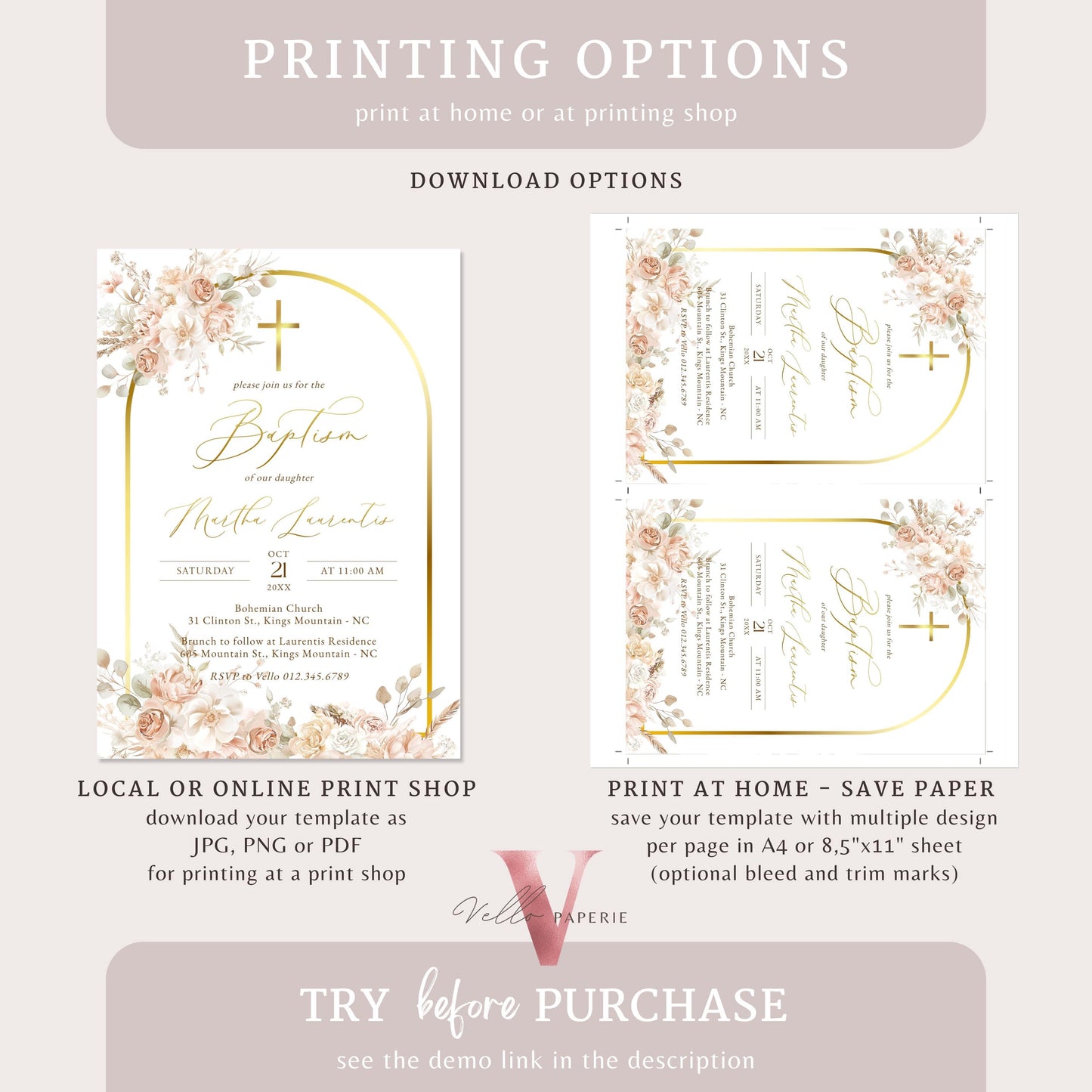 Modern BOHO Cross BAPTISM Invitation | Pampas Grass Christening Invite | Baby Dedication | Free Digital Invite, Optional Photo, Favor Tag