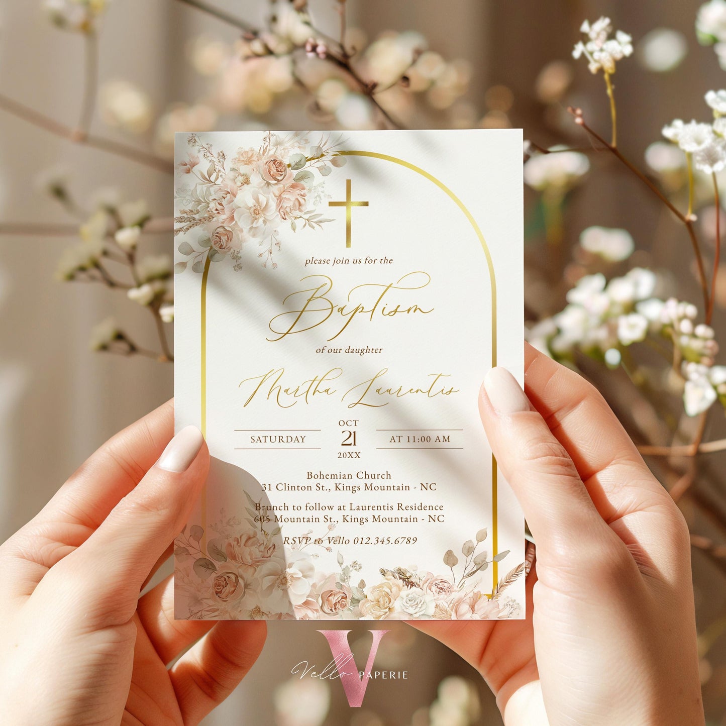 Modern BOHO Cross BAPTISM Invitation | Pampas Grass Christening Invite | Baby Dedication | Free Digital Invite, Optional Photo, Favor Tag