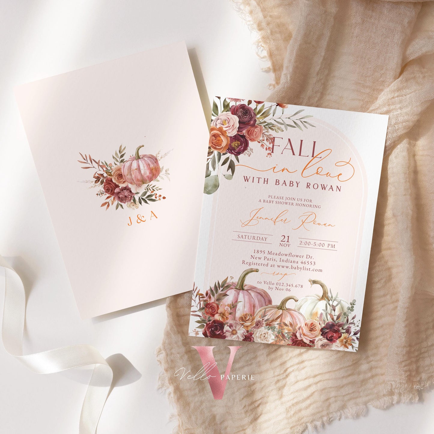 Pumpkin FALL IN LOVE Baby Shower Invitation | Autumn Floral Pumpkin Baby Shower Invite | Modern Boho Burgundy Orange Pumpkin Baby Flower