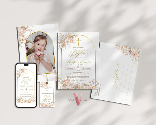 Modern BOHO Cross BAPTISM Invitation | Pampas Grass Christening Invite | Baby Dedication | Free Digital Invite, Optional Photo, Favor Tag