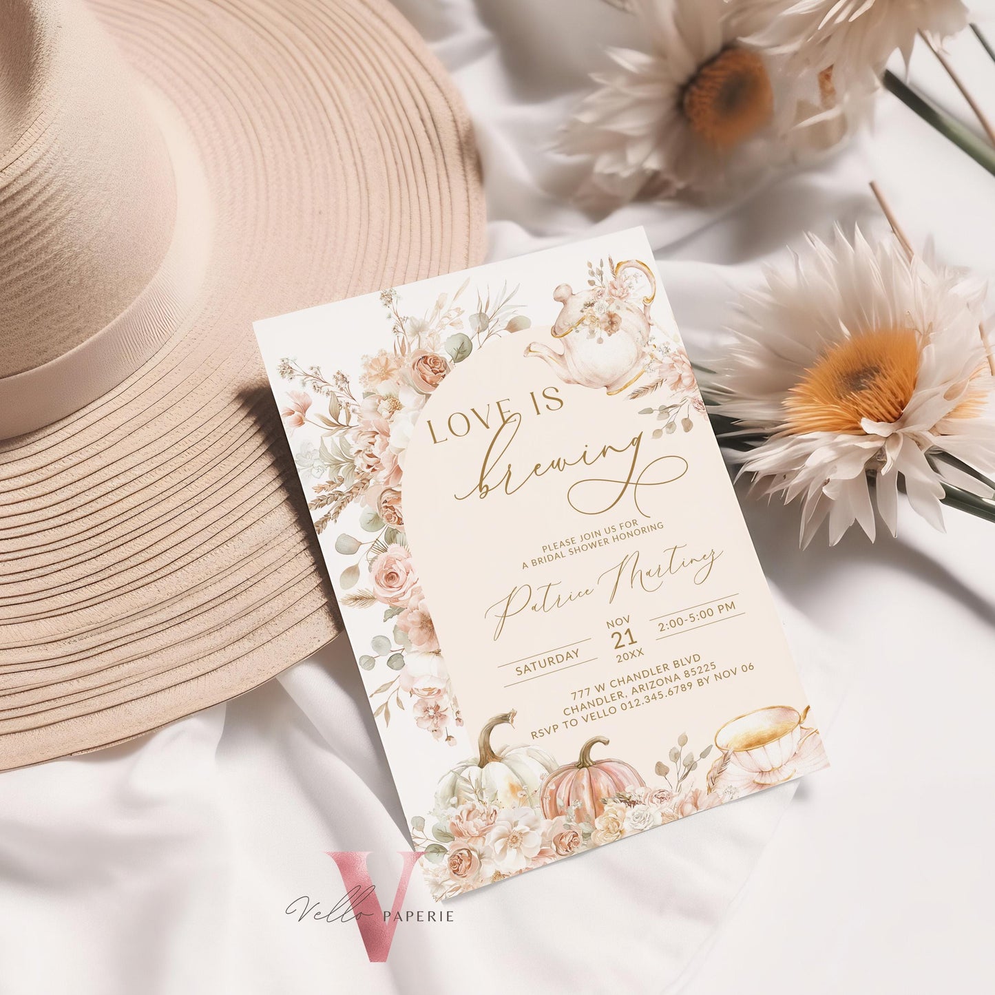 FALL Love is Brewing Tea Pumpkin Autumn Bridal Shower Invitation | Tea Brewing Bride Shower Invite, Beige Gold Boho Floral Wedding Shower
