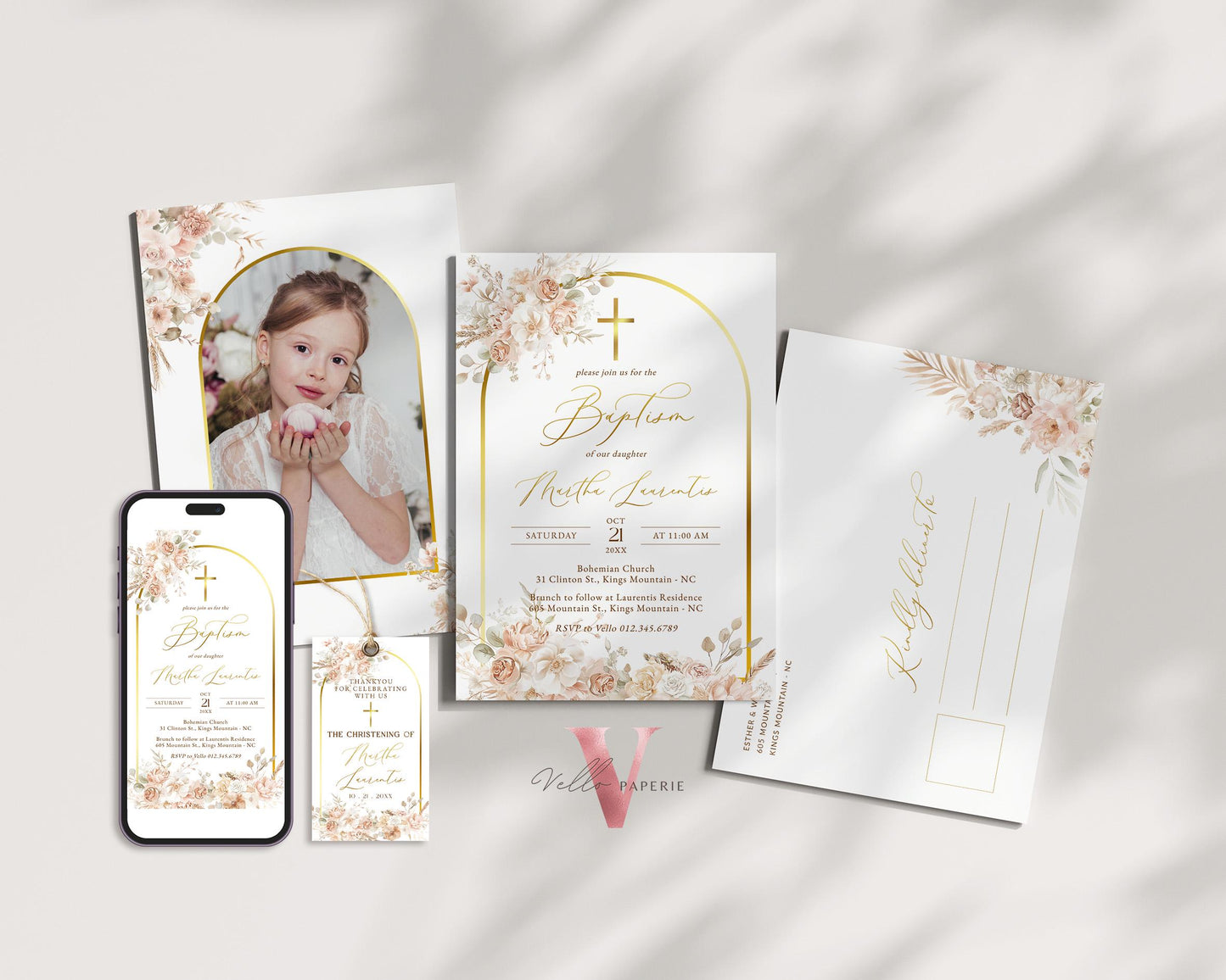Editable Printable Modern BOHO Cross BAPTISM Favor Tag | Pampas Grass Christening Favor Tag | Baby Dedication Thankyou Card Instant Template