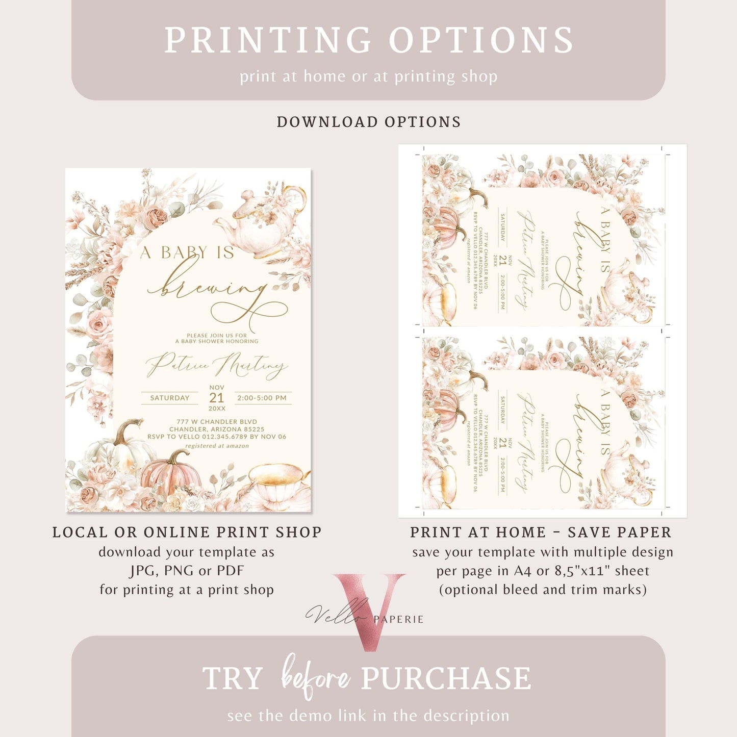 FALL a BABY is BREWING Tea Pumpkin Autumn Baby Shower Invitation | Tea Baby Brewing Shower Invite, Beige Gold Boho Floral Pumpkin Tea Party