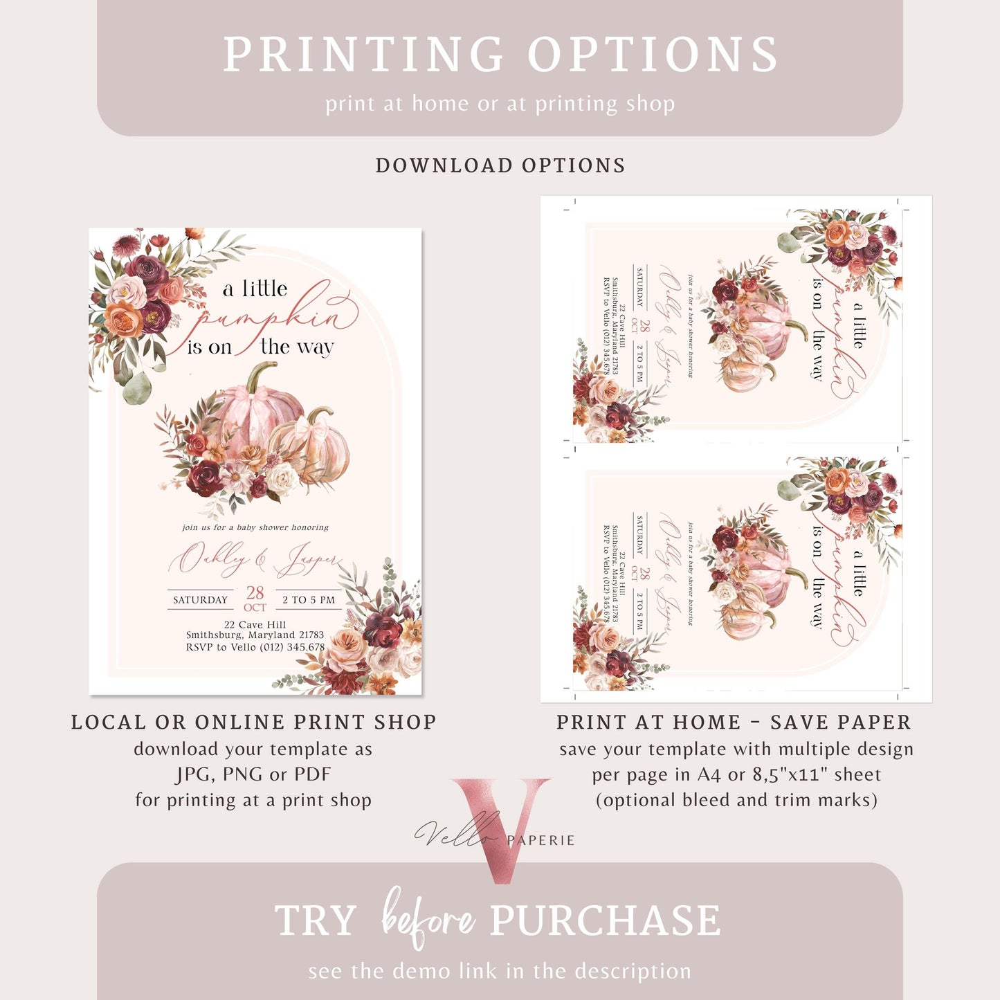 Little Pumpkin on Way FALL Baby Shower Invitation | Autumn Floral Pumpkin Baby Shower Invite | Modern Burgundy Orange Pumpkin Baby Flower