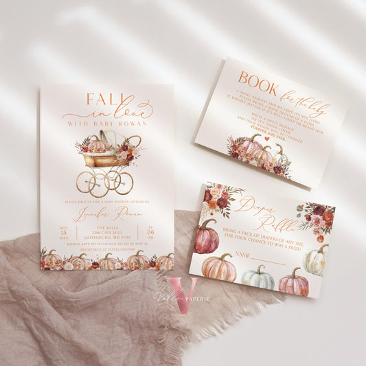 Pumpkin FALL IN LOVE Baby Shower Invitation | Autumn Floral Pumpkin Baby Shower Invite | Modern Baby Stroller Carriage Pumpkin Baby FPB02