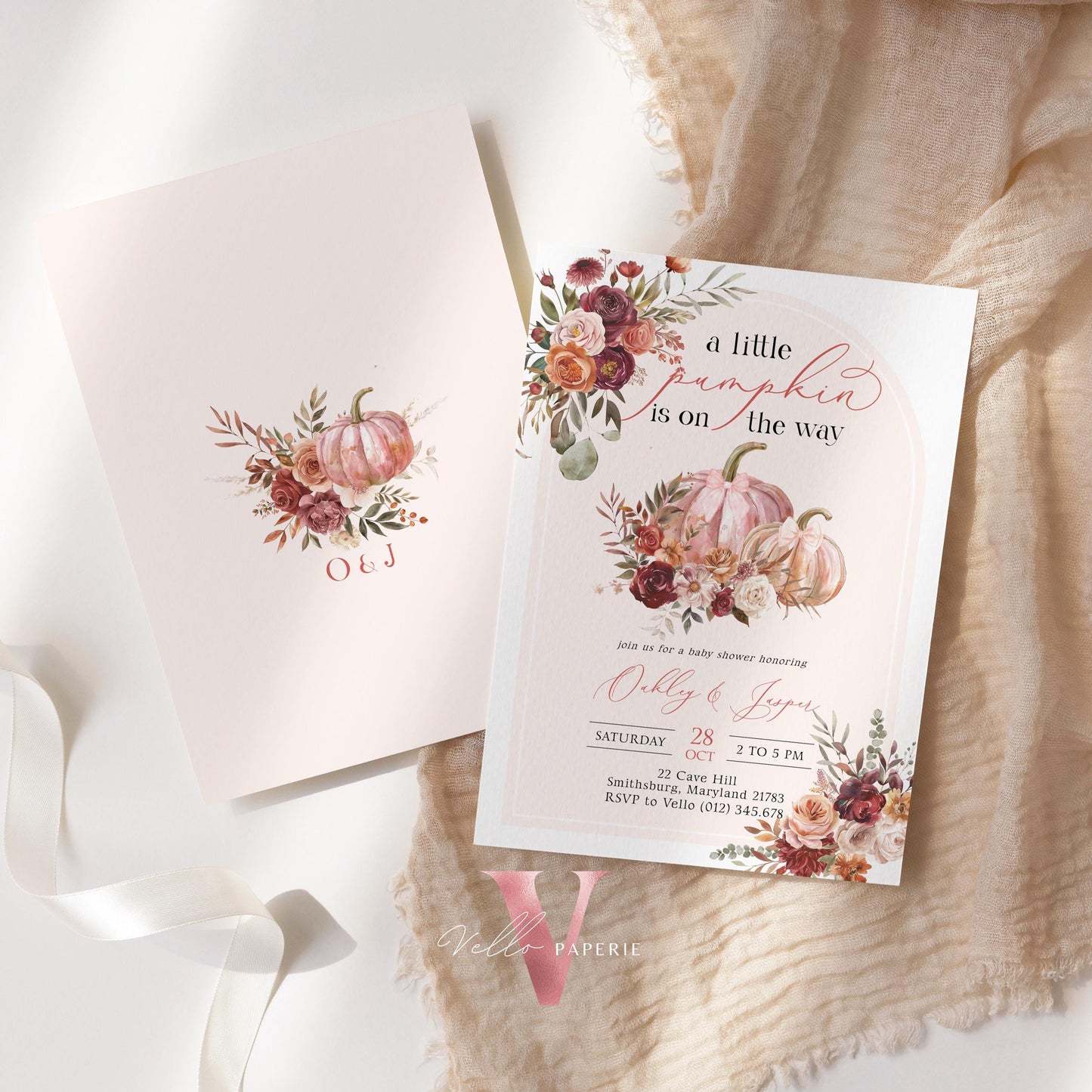 Little Pumpkin on Way FALL Baby Shower Invitation | Autumn Floral Pumpkin Baby Shower Invite | Modern Burgundy Orange Pumpkin Baby Flower