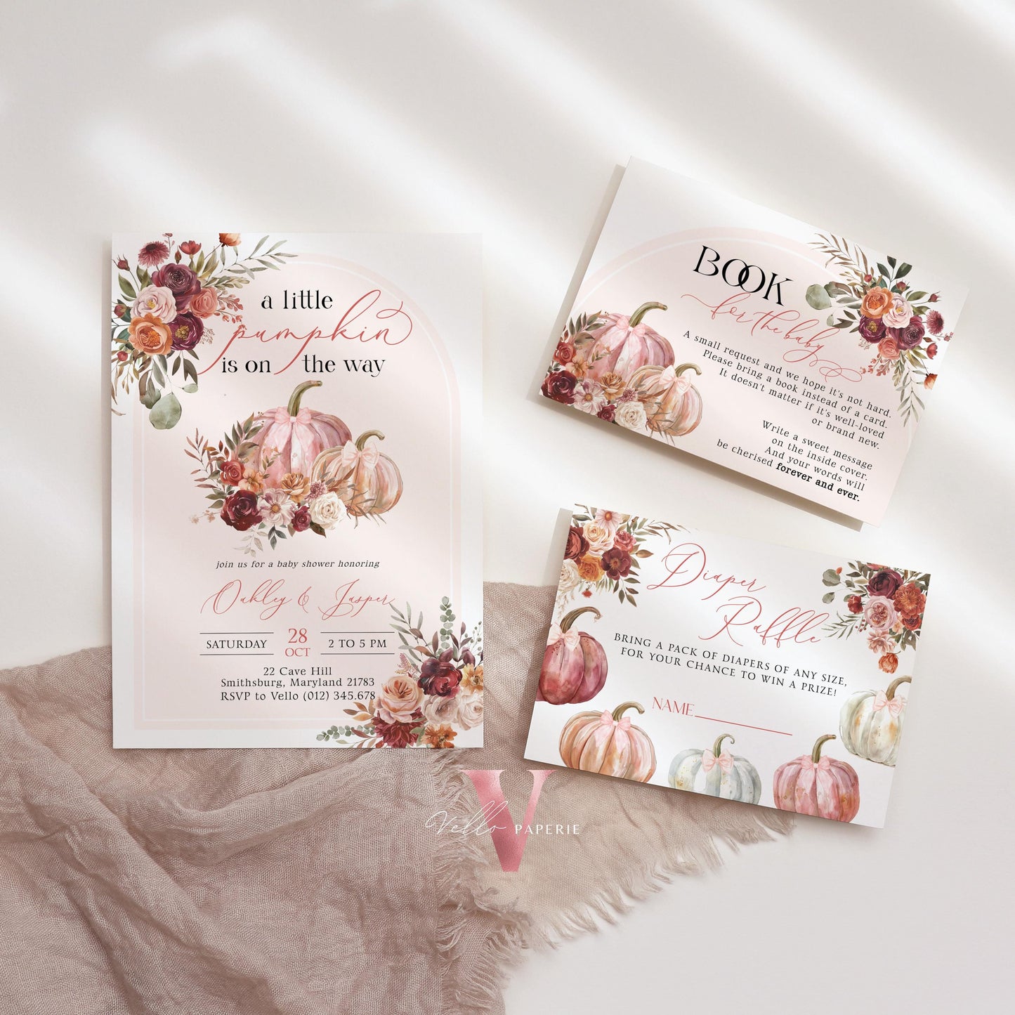 Little Pumpkin on Way FALL Baby Shower Invitation | Autumn Floral Pumpkin Baby Shower Invite | Modern Burgundy Orange Pumpkin Baby Flower