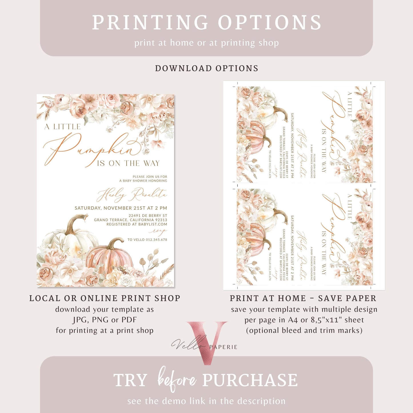 Little Pumpkin On The Way FALL Baby Shower Invitation | Autumn Floral Pumpkin Baby Shower Invite | Modern Boho Beige  Pumpkin Baby Flower