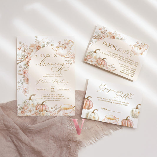 FALL a BABY is BREWING Tea Pumpkin Autumn Baby Shower Invitation | Tea Baby Brewing Shower Invite, Beige Gold Boho Floral Pumpkin Tea Party