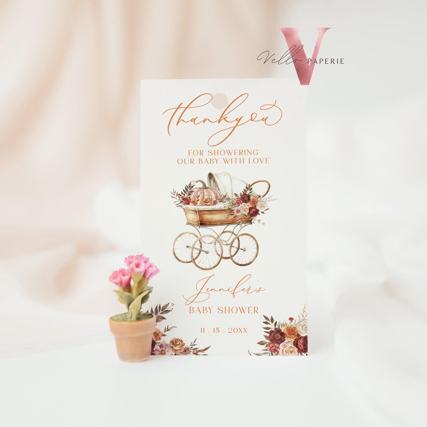 Pumpkin FALL in Love Baby Shower Favor Tag | Editable Autumn Floral Pumpkin Thankyou Card | Flower Pumpkin Stroller Carriage Gift Tag, FPB02