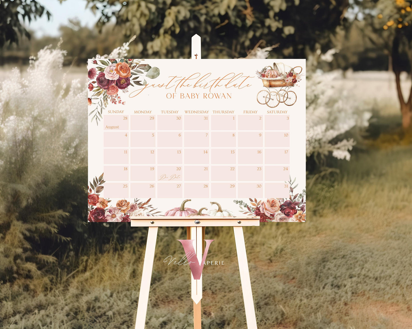 Pumpkin FALL in Love Baby Shower Due Date Calendar | Editable Autumn Floral Pumpkin Due Date | Flower Pumpkin Stroller Carriage Party, FPB02