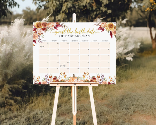 FALL Little Pumpkin is on the way Baby Shower Due Date Calendar | Editable Autumn Floral Pumpkin Due Date | Flower Pumpkin Baby Shower FPB01