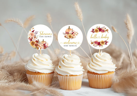 FALL Little Pumpkin is on the way Baby Shower Cupcake Topper | Autumn Floral Pumpkin Cake Decor | Gold Fall Baby Shower Favor Topper FPB01