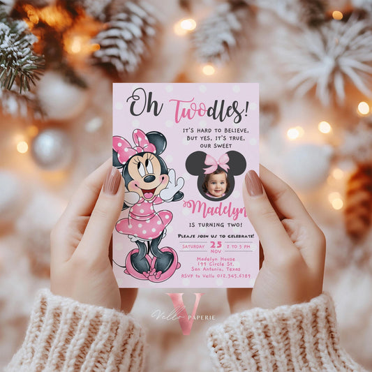 Editable Photo Oh TWOdles Minnie Mouse Birthday Invitation | Cute Light Pink Polka Dot Invite | 2 Years Old Girl 2nd Birthday Instant MMB01