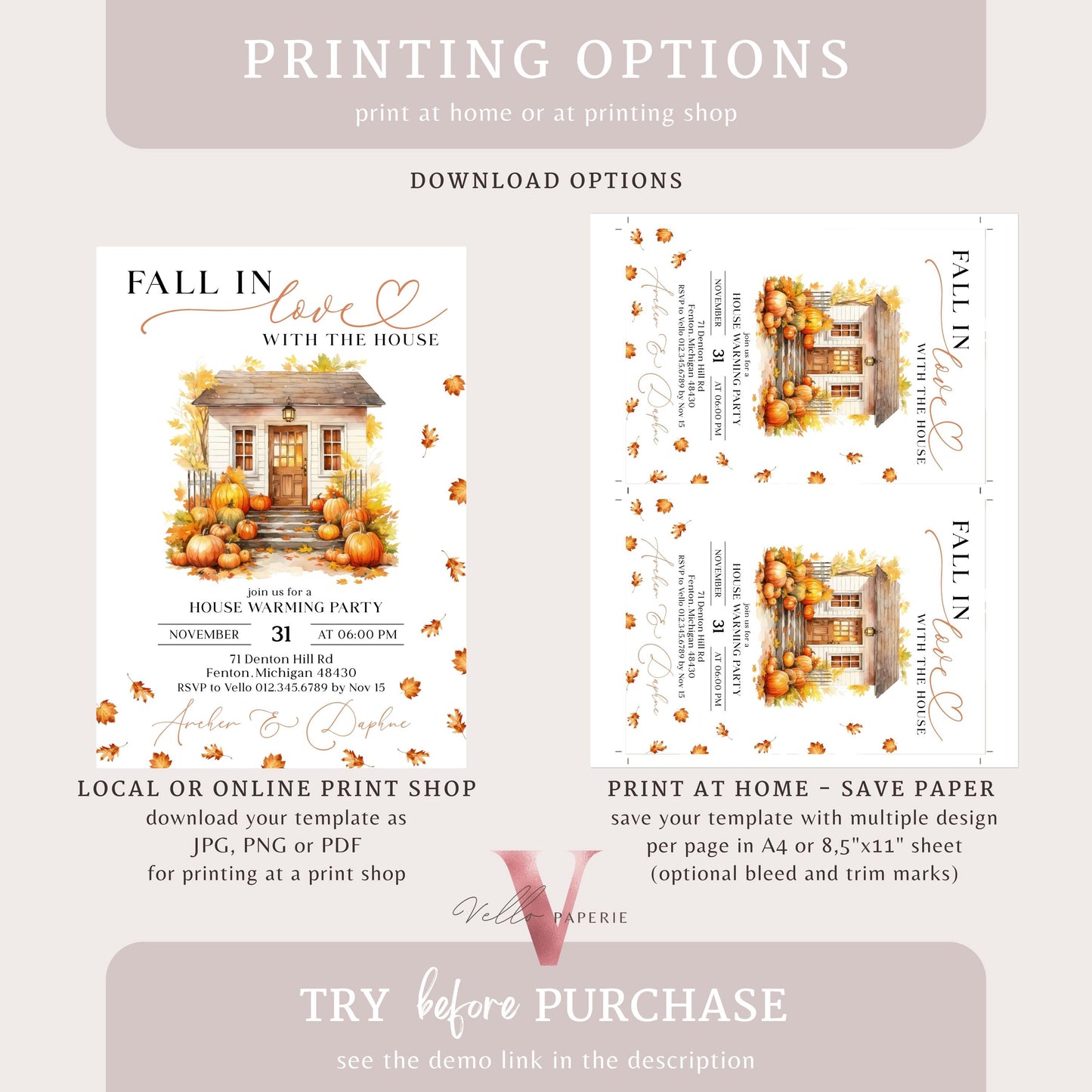 FALL in Love House Warming Invitation | Autumn Boho Pumpkin Home Sweet Home Party Invite | Modern Rustic New House Celebration Fall Leaves