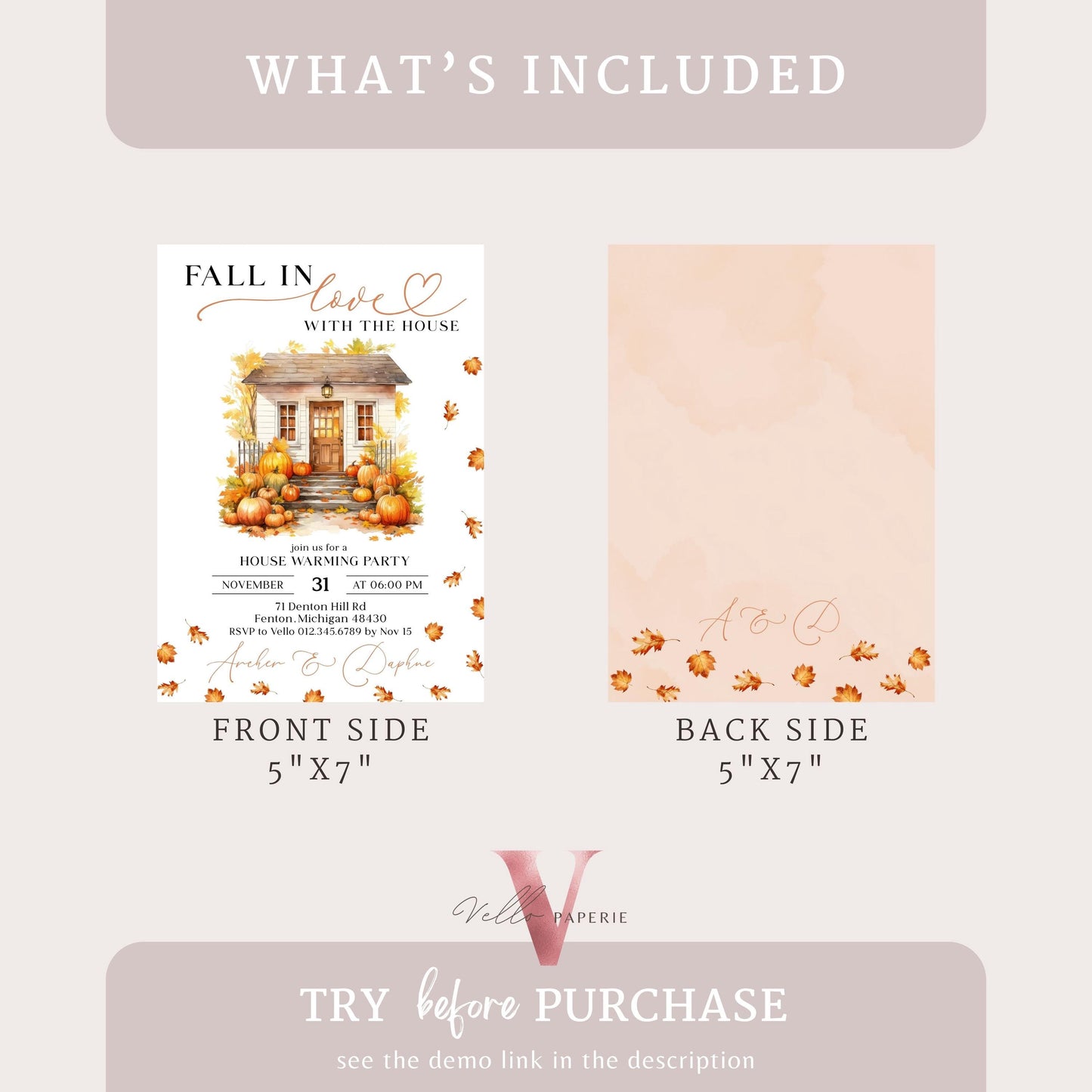 FALL in Love House Warming Invitation | Autumn Boho Pumpkin Home Sweet Home Party Invite | Modern Rustic New House Celebration Fall Leaves