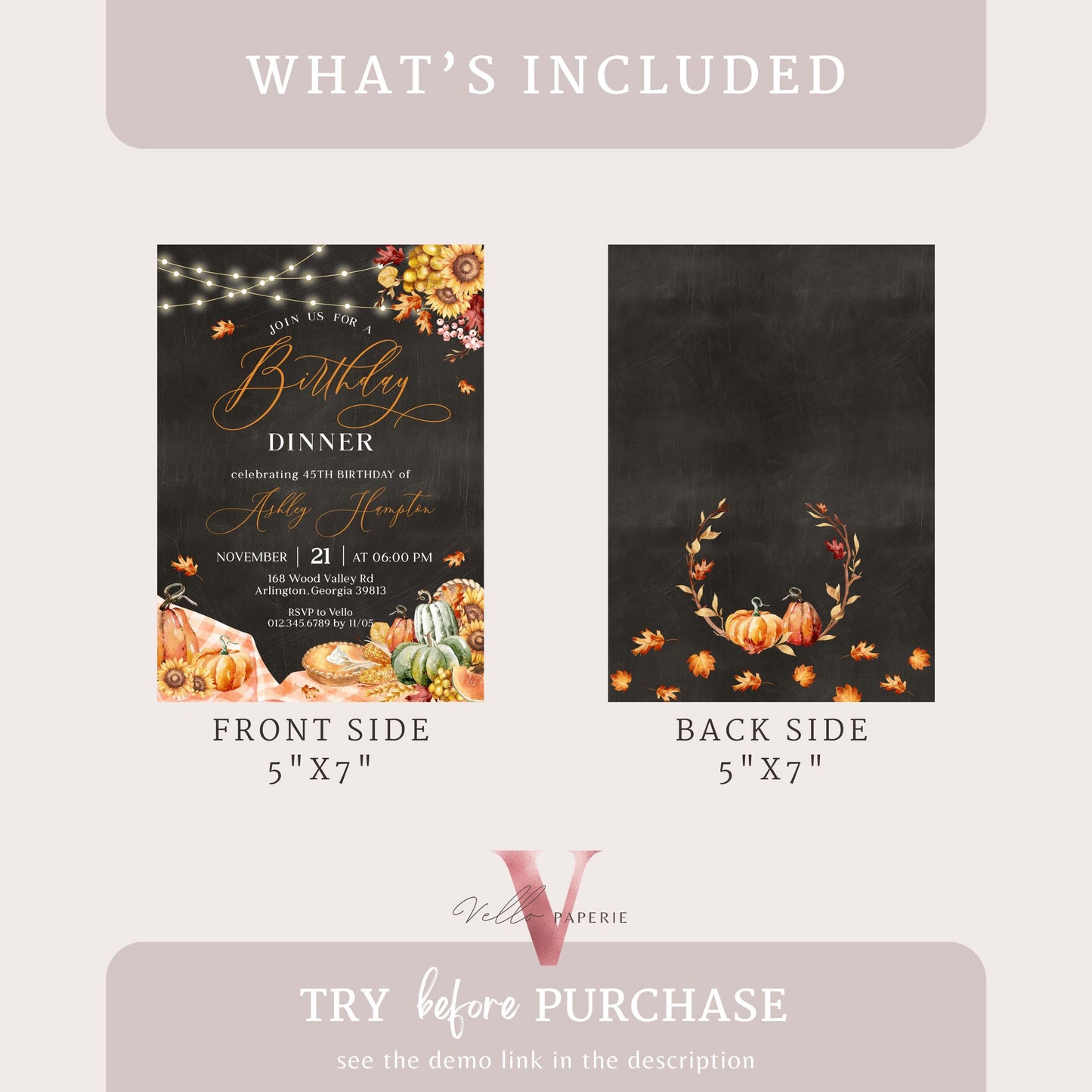 Editable FALL Birthday Dinner Brunch Invitation | Autumn Floral Pumpkin Party Invite | Neutral Blackboard Terracota Thanksgiving Birthday