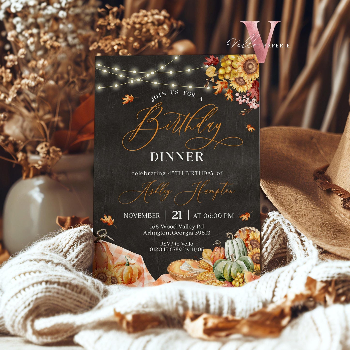 Editable FALL Birthday Dinner Brunch Invitation | Autumn Floral Pumpkin Party Invite | Neutral Blackboard Terracota Thanksgiving Birthday