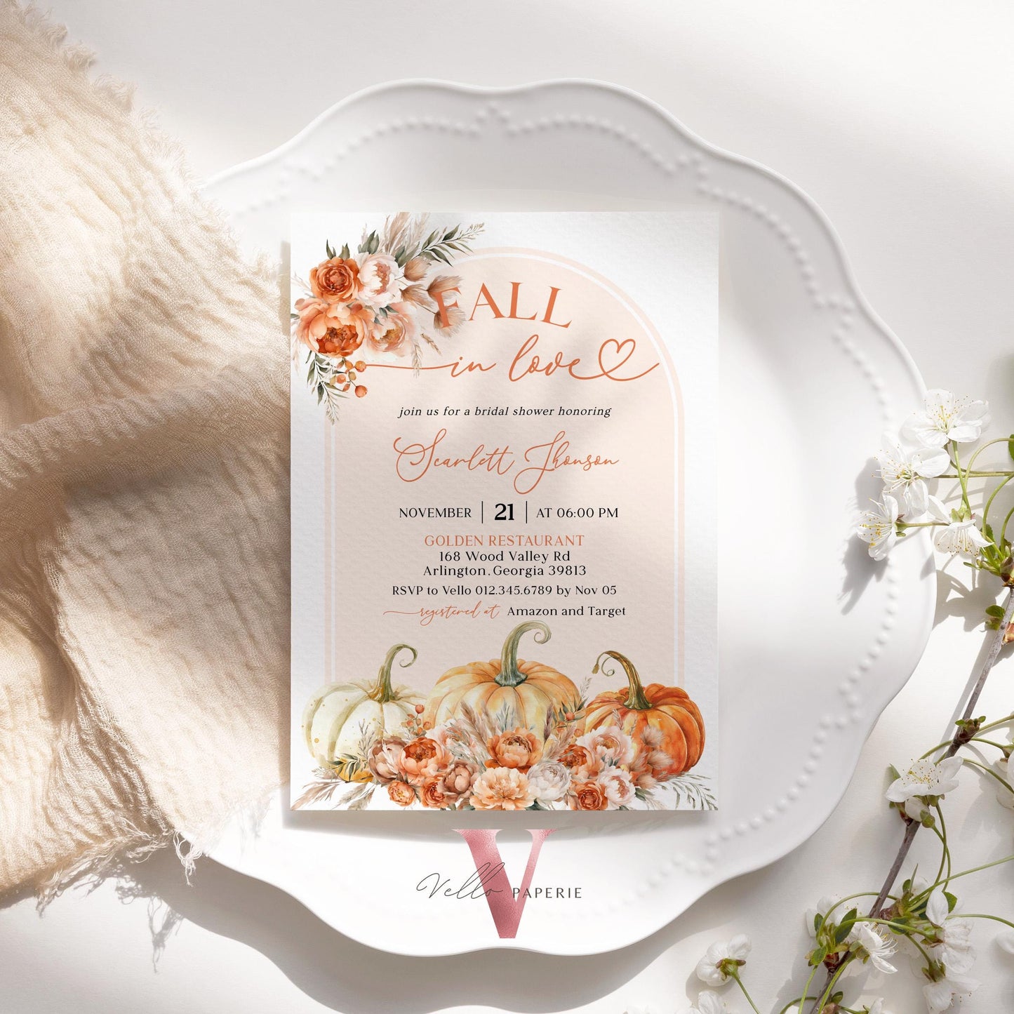 Editable Pumpkin FALL IN LOVE Bridal Shower Invitation | Autumn Flower Bride Shower Invite | Modern Terracota Rustic Flower Wedding Shower