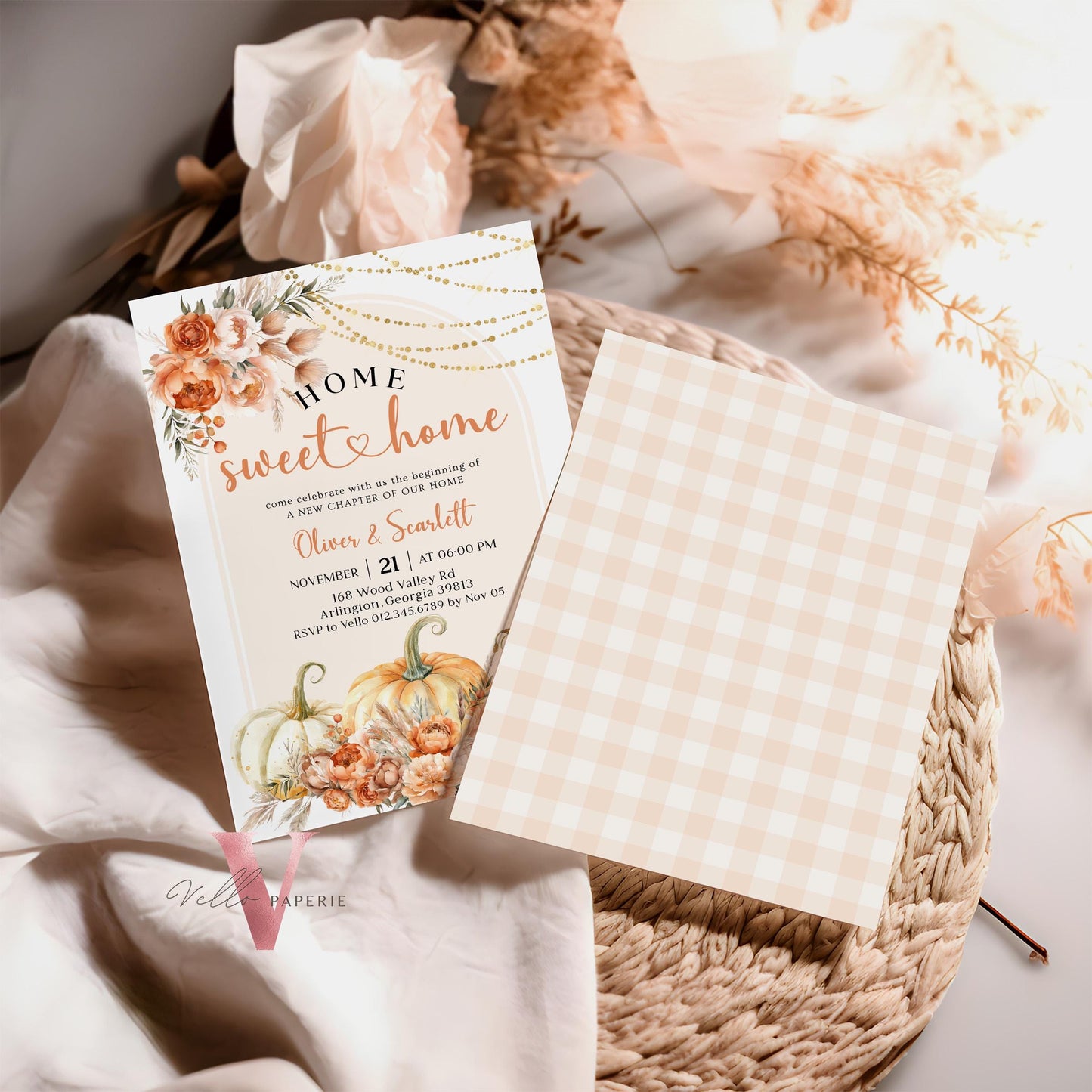 Neutral FALL Pumpkin Home Sweet Home Party Invite | Autumn Floral House Warming Invitation | Modern Boho Rustic New House Celebration Flower
