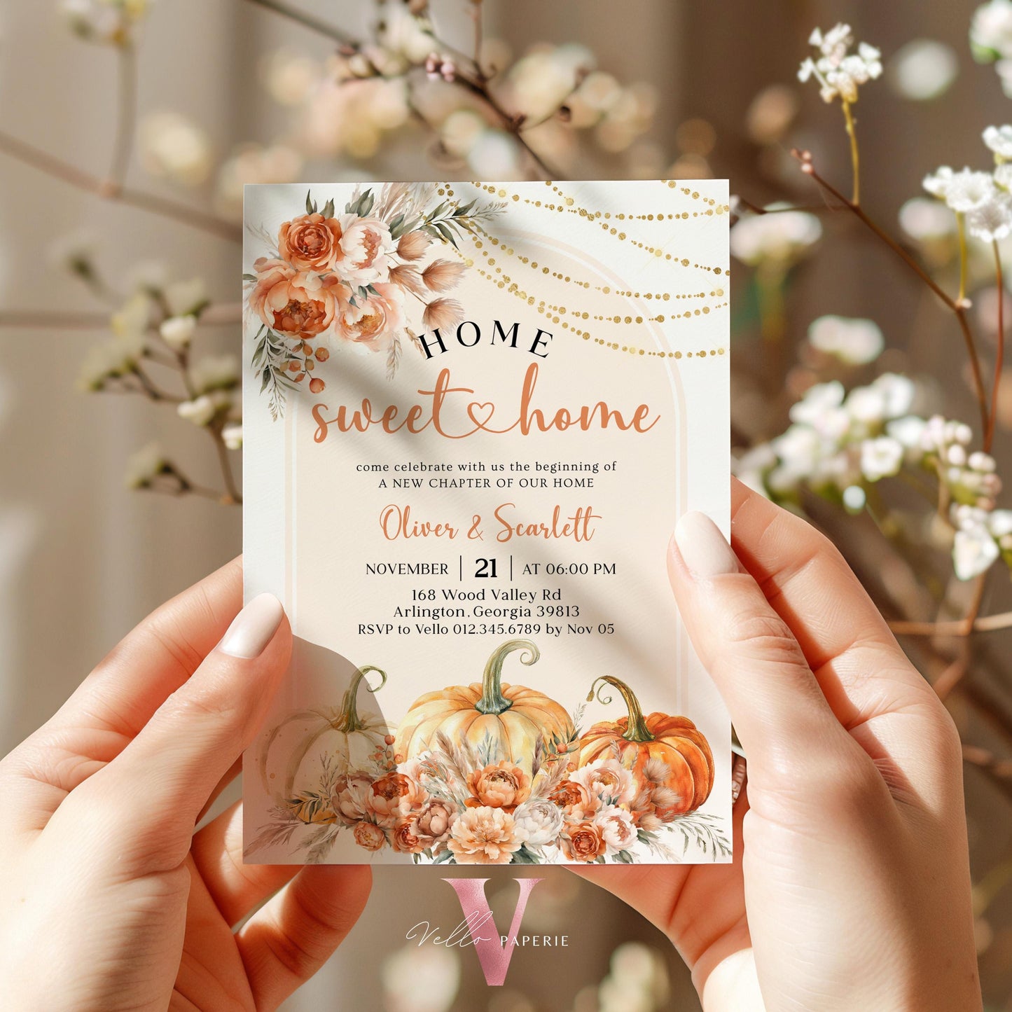 Neutral FALL Pumpkin Home Sweet Home Party Invite | Autumn Floral House Warming Invitation | Modern Boho Rustic New House Celebration Flower