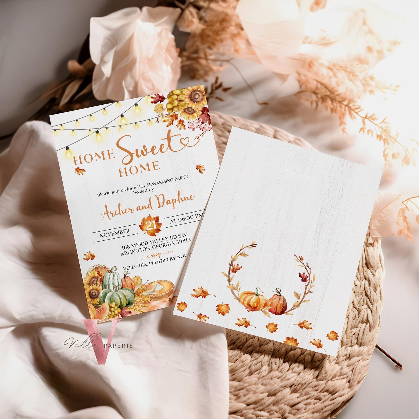 FALL Pumpkin Home Sweet Home Party Invite | Autumn Floral House Warming Invitation | Modern Boho Rustic New House Thanksgiving Celebration
